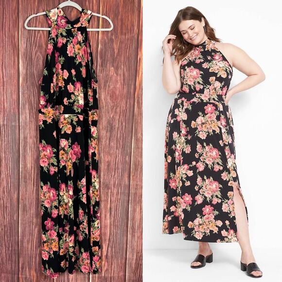 Lane Bryant Tie Halter Maxi Dress Floral Print Black & Pink NEW Size 22/24P - Picture 1 of 8